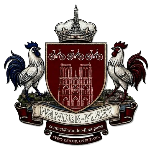 Blason Wander Fleet : couronne surmontée de la tour Eiffel, écu bordeaux frappé de trois vélos et de Notre-Dame, encadré de deux coqs.