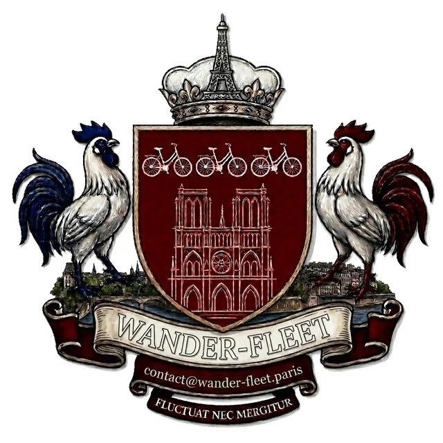 Blason Wander Fleet : couronne surmontée de la tour Eiffel, écu bordeaux frappé de trois vélos et de Notre-Dame, encadré de deux coqs, devise Fluctuat nec mergitur.
